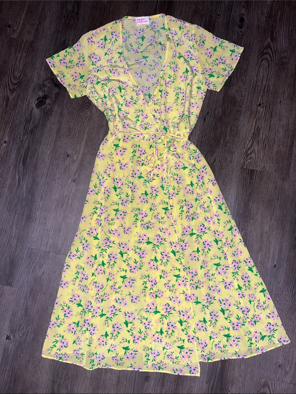 FROM FUTURE Yellow Floral Midi Wrap Dress with Tie Waist